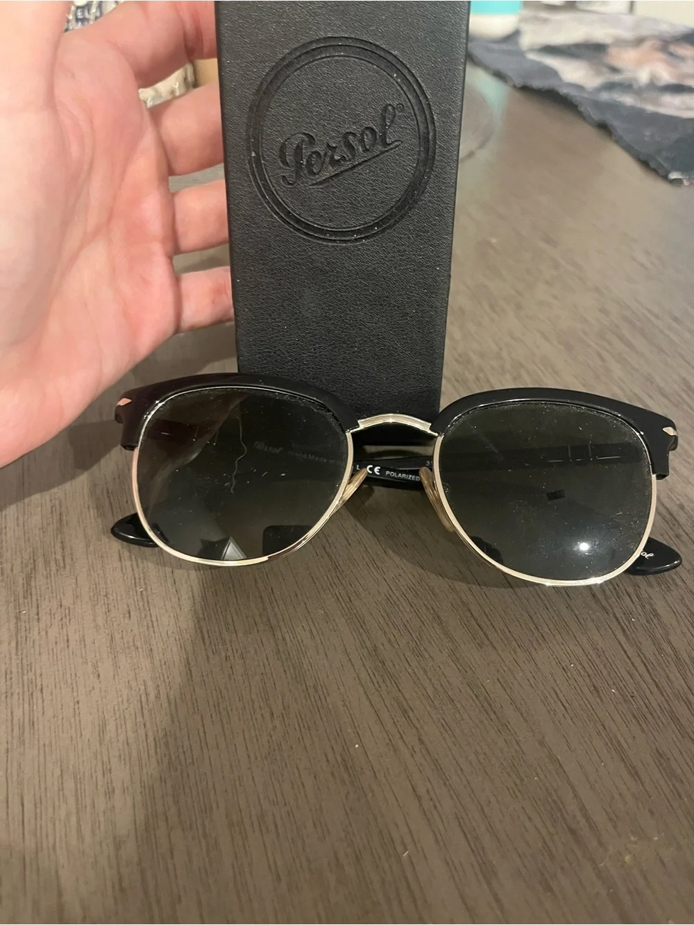 Persol Black & Gold Polarized Semi-Rim Clubmaster Sunglasses Unisex